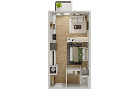 Full unit floor plan of a studio layout with kitchen and bathroom